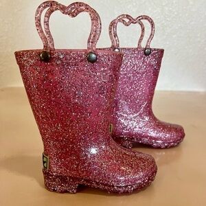 Girls 5 Lighted Pink Glitter Saw Tooth Soles Rain Boots NWOT